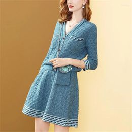 Work Dresses Women Chic Knitted Jacquard Skirt 2 Piece Set Elegant V-Collar Cardigan Sweater Elastic Force A-line Autumn