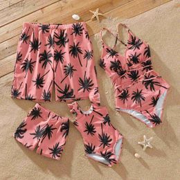 CUZH Family Matching Outfits Family Matching Swimsuit All Over Coconut Tree Print Pink Swim Trunks Shorts and Spaghetti Strap One-Piece Swimsuit d240507