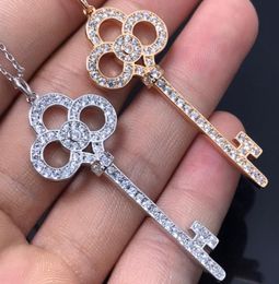 Europe America Fashion Lady Women Brass Engraved T Letter 18K Gold Chain Necklace With Pave Diamond Crown Key Pendant2532160