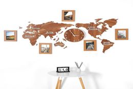 Creative Wooden World Map Wall Clock with 3 pieces Po frame 3D Map Decorative Home Decor Living Room Modern European Style Roun8092393