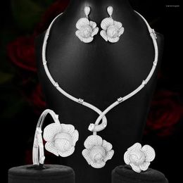 Necklace Earrings Set GODKI 4PCS Luxury Flowers African For Women Wedding Cubic Zirconia Lariat Neckalce Sets Dubai Bridal Jewellery 2024