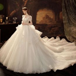 Sequins With V-Neck Race Princess Short-Sleeves Dresses Appliqued Vintage Ball Gown Wedding Dress Custom Made Vestidos De Novia