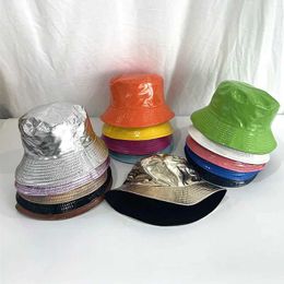 Wide Brim Hats Bucket Hats Women Men Faux Leather Bucket Hats Harajuku Fisherman Hat Metallic Hologrhic Reflective Reversible Wide Brim Travel Sun C J240425