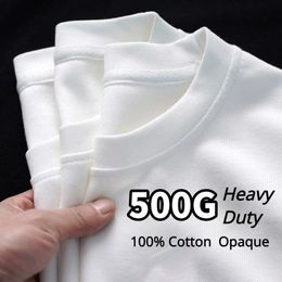 Black White GSM 500g Heavy-duty Pure Cotton T-shirt Thickened Threaded Round Neck Short Sleeves Three Needle Half Sleeve Tees 240506