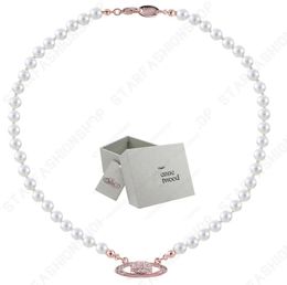 Saturn Necklaces Pearl Beaded Diamond Tennis Necklace Woman Silver Chains Vintage Trendy Style Desigenr With box4665495