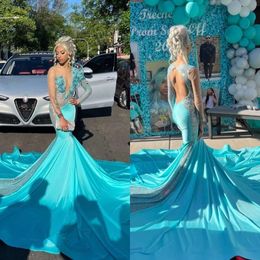 Gown Mermaid Evening Tail Blue Illusion V Neck Sleeves Party Prom Dresses Sweep Train Formal Long Dress For Special Ocn