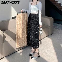 Skirts Fashion Sparkling Sequin Long Skirt Women's Spring/Summer Black Female High Quality Elastic Waist Split Half