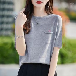 Women's T Shirts T-shirt Summer Worsted Wool Sweater Short Sleeve Casual Solid Knitwear Round Neck Ladies' Tops Loose Pullover Tees Pock