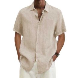 Men's Dress Shirts men Cotton Linen Hot Sale Mens Short-Sled Shirts Summer Solid Colour Turn-down collar Casual Beach Style Plus Size tops d240507