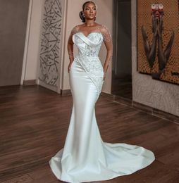 African Satin Mermaid Wedding Dress 2024 for Bride Sheer Neck Long Sleeve Appliques Beading Bridal Formal Gowns Civil Vestidos De Noivas