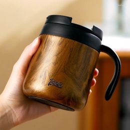 Mugs Wood-Grain Insulated Mug Hand Brew Coffee Cup Stainless Steel Office Large Capacity Handle Tea Modern Drinkware