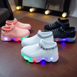 Kids Sneakers Children Baby Girls Boys Letter Mesh Led Luminous Socks Sport Run Sneakers Shoes Sapato Infantil Light Up Shoes 240506
