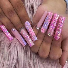 False Nails 24Pcs Artificial False Nails Long Coffin Full Cover Fake Nails with Butterfly Rhinestone Design Wearable Ballet Press on Nails T240507