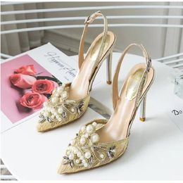Dress Shoes Spring And Summer Pearl Lace Pointed Bride Wedding Rhinestone Party Sandals All-match Stiletto Women's