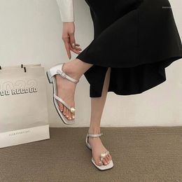 Casual Shoes Minimalist Design With Pearl Ribbon Square Toe Sandals Versatile One Word Buckle Style Women's