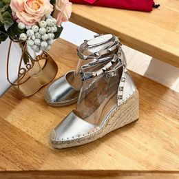 Sandals Genuine Leather Wedge Heels For Women Designer Narrow Band Platform Shoes Weave Sizes 35-41 Spring And Summer