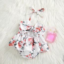 Swimwear Newborn Baby Floral Print Short Halter Romper For Infant Girls Sleeveless Hollow Out Sling Jumpsuit with Bowknot for Summer