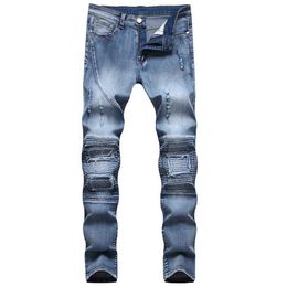 Men's Jeans Biker Jeans Motorcycle Men Holes Spliced Stylish Strt Style Distressed Male Skinny Pencil Denim Pants For Mens Y240507