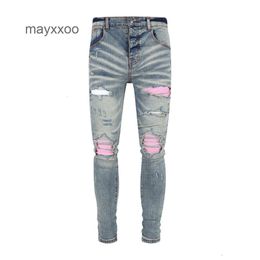 Розовые фиолетовые штаны Джин Hip Amiiris Designer Patch Jeans Джинсовые джинсы Мужские перфорированные мода High Mens Street Hop Light Blue Skinny P0ey