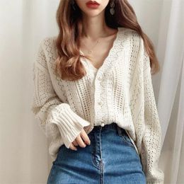 Women's Knits 2024 Women Spring Summer Sweater And Cardigans Low V-Neck Knit Tops Long Sleeve Hollow Out Sexy Cardigan Loose White
