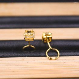 Stud Earrings 999 Pure 24K Yellow Gold For Women Cubic Zirconic Square Gemstone Hook 1.7g