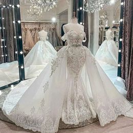 Dantel Gelinlik Boncuklu Denizkızı Sıkıştırılabilir Tren Omuz Boyun Gelin Önlükleri Tül Tulle Dikkatli Fulllace Robe De Mariee