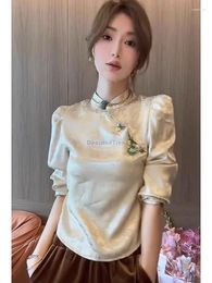 Ethnic Clothing 2024 Chinese Women's Autumn Retro Style Cheongsam Blouse Improved National Half Sleeve Elegant Qipao Shirt W363