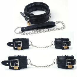 Products Black Leather Sponge Handcuffs For Sex Ankle Cuffs Bondage With Chain Lock Restraints Sex Toys for Adult Games Bdsm Bondage Set