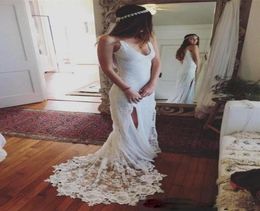 Sexy Boho Sheath Wedding Dresses Full Lace VNeck Low Side Split Back Beach Bridal Gowns Sweep Train Cheap Country Bride Dress Fre4563033