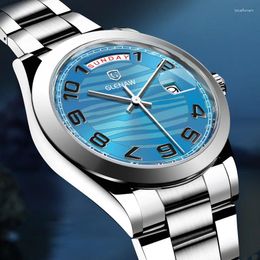 Wristwatches GLENAW Mens Watches Top Full Steel Waterproof Blue Watch Week Calendar Quartz Wristwatch Relogio Masculin