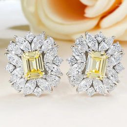 Stud Earrings 2024 925 Silver European And American Luxury Set Yellow Diamond Emerald Cut