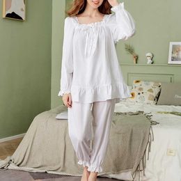 Women's Sleep Lounge Women White Princess Sleepwear Pure Cotton Pajamas Sets Vintage Lace Square Collar Long Sleeve Sleep Tops Bottoms Bloomers Pants