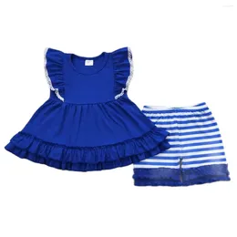 Clothing Sets Wholesale Toddler Short Sleeves Blue Cotton Tunic Tops Kids Ruffle Stripes Shorts Baby Girls Children Summer Infant Outfits