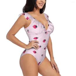 Women's Swimwear Ruffle 2024 Women Sexy One Pieces Swimsuit Female Pink Strawberry Pattern Monokini Bathing Suit Beachwear