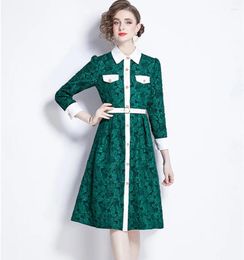 Casual Dresses High Quality Spring Green Jacquard Flower Shirt Dress 2024 Vintage Women Colorblock Spliced Lapel Gold Buttons Belt Vestidos