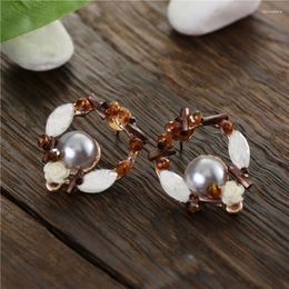 Stud Earrings TDQUEEN Gold Color Metal Simulated Pearl Flower Fashion Jewelry Bead Crystal Round Ear For Women