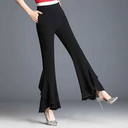 Women's Pants Capris Summer Thin Woman Chiffon Trousers Office Lady Fashion Pocket High Waist Elastic Splicing Loose Black Female Flare Pants 2022 Y240504