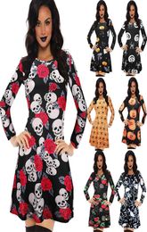 Women Dress Halloween Cosplay Long Sleeve Dresses Ladies Pumpkin Skeleton Print Dress Female Round Collar Dresses 17 Colours 0508124573626