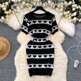 Casual Dresses Sexy Chic Sweet O-Neck Knit Bodycone Short Sleeve Print Dress Vintage Elegant Korean Fashion Party Basic Slim Summer