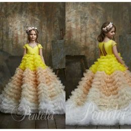 Dreamly Ball Gown Flower Girl Jewel Short Sleeve Hollow Crystal Bow Sash Tulle Tiered Pageant Dress Floor Length Girl's Birthday Part 0431