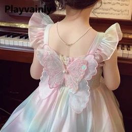 Girl's Dresses New Summer Dress for Kids Girl Flare Sleeve 3D Shirring Mesh Princess Children Formal Clothes H240507