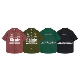 오리지널 디자이너 Rhuder Shirts 패션 브랜드 브랜드 편지 마이크로 레이블 인쇄 남성용 짧은 슬리브 셔츠 여성 American High Street 캐주얼 셔츠