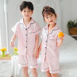 2pcs Infant Baby Boy Girl Pyjamas Silk Satin Top Pant Short Sleeve Solid Button-Down Pyjamas Satin Set Nightgown Child Sleepwear 240506