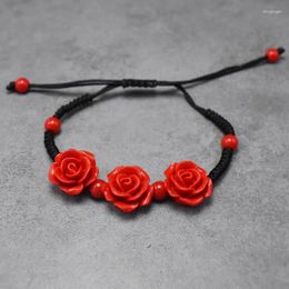 Charm Bracelets Ethnic Wove Red Rose Bracelet For Women Handmade Lacquer Carved Cinnabar Flower Adjustable Rope Jewelry Gifts