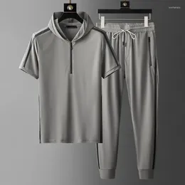 Men's Tracksuits Hooded Mens Sets (t-shirt Pants) Luxury Short Sleeve Summer Thin Male Fashion Slim Fit Sport Casual Man 5XL