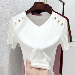 Women's T-Shirt Womens short sleeved cotton T-shirt summer V-neck patch work shoulder strap elastic large size you can silk thin top GothicL2405