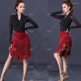 Stage Wear Womens Latin Dance Skirt Fringed Tassels Irregular V-Shape Red Blue Green Black Big Size 5XL