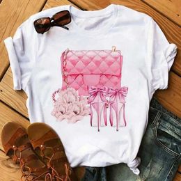 Women's T-Shirt Maycaur Pink High H Flowers Bag Print T Shirt Women Trendy Hipster Harajuk Kaii Short Sles Tops Tee Shirt Femme Clothes d240507