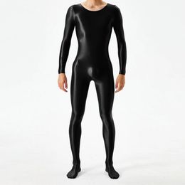 Men Glossy Bodysuit Long Sleeve Tight Full Body Ultra-thin Sheer Jumpsuits Solid Stretch Bodystocking Gay Man Erotic Underwear 240506