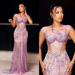 Purple Mermaid Prom Dresses Princess Appliques Sequins High Neck Sleeveless Strapless Floor Length Lace Hollow Party Gowns Plus Size Custom Made 0431